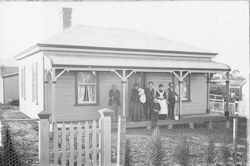 Cone Home, Brown Street, Timaru; Fred; Maria and baby son Henry, Frank Guilford, Sarah; Bill Cone and Bramwell in front, 1900