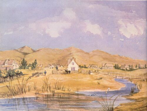 Painting by Emily W Harper, 1957. Christchurch from near Gloucester Street Bridge. Owned by Acland family. Ref. Paintings of Canterbury 1840 - 1890 by John Oakley 1969