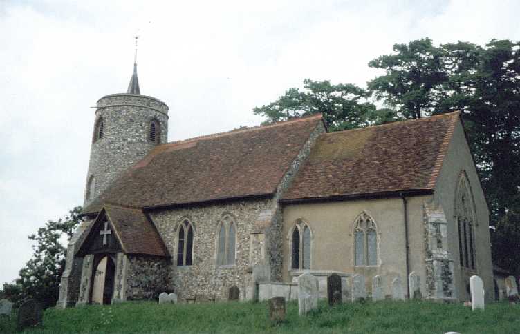 Aldham Curch - James's headstone in front of the centre buttress, Sarah Cone is buried 15 yards from the right end of the church.