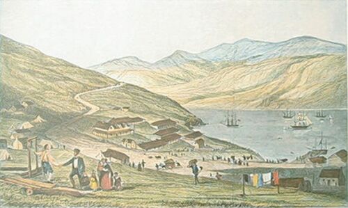 Start of the climb - the Bridle Path at Lyttlton to the Summit of the Port Hills. Painting by Sir William Fox - source of print unknown
