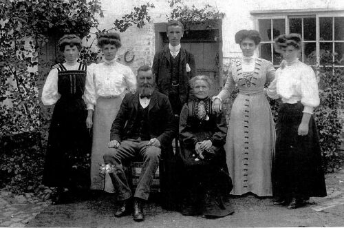 Ethel, Bessie, William, Maude, Clara; Seated in from: George Harcourt Cone and his wife Jane