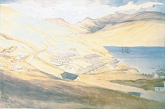 Immigration Barracks at Lyttleton. Painting by Sir William Fox. Original Alexander Turnbull Library. Print - source unknown