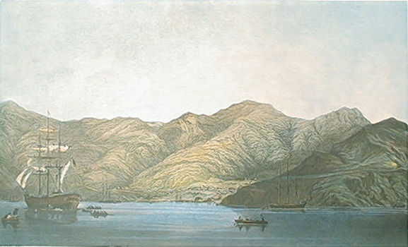 Painting by Mary Townsend of arrival of first ships at Port Lyttleton. The original is in 