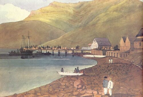 This 1851 painting by Sir William Fox shows the immigrants disembarking with their luggage at the jetty built at Port Lyttleton. The original is in the Hocken Library. Ref. Paintings of Canterbury 1840 - 1890; John Oakley 1969