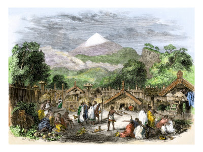 Maori fortified village or pah in Taranaki in mid 1800s